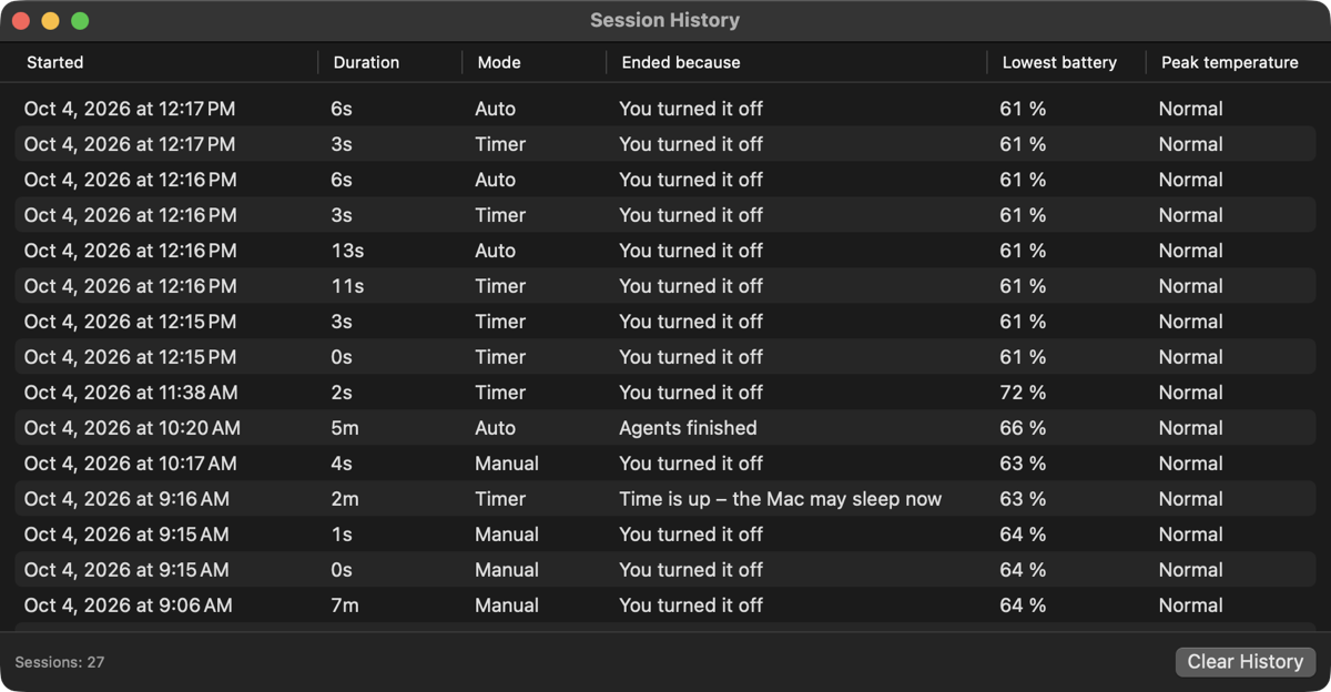 Session History window: start time, duration, mode (Manual, Timer, Auto), why it ended (You turned it off, Agents finished, Time is up), lowest battery and peak temperature for each session.