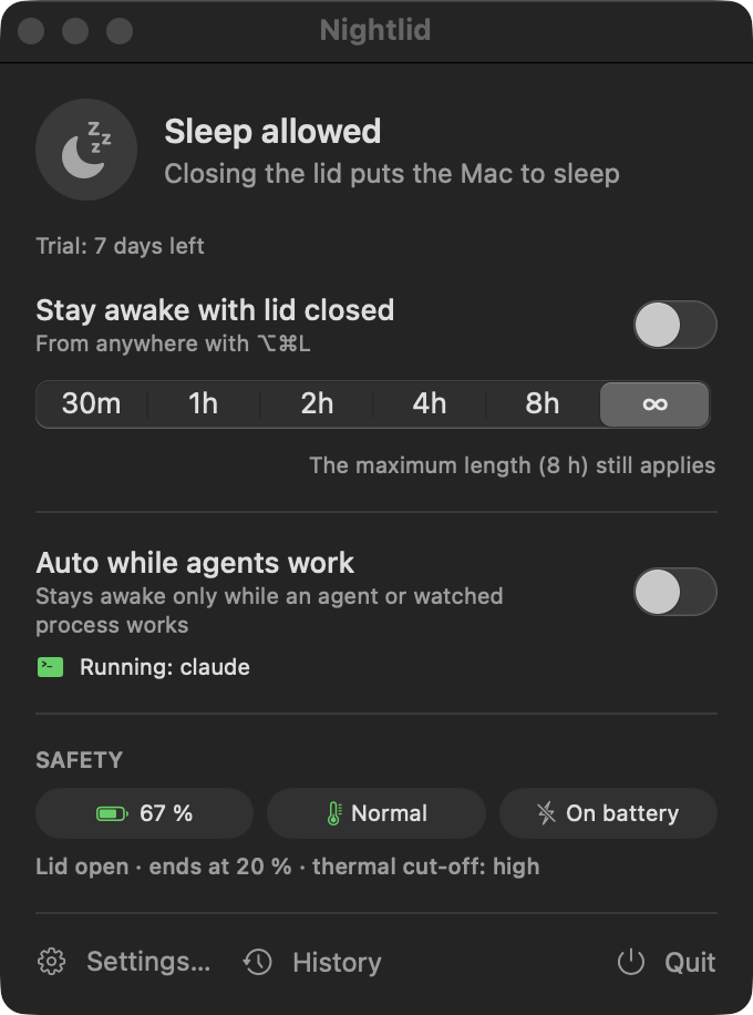 The Nightlid menu: a switch to stay awake with the lid closed (⌥⌘L), timer buttons from 30 minutes to 8 hours, an Auto switch that stays awake only while an agent works, and safety status for battery, temperature and power.