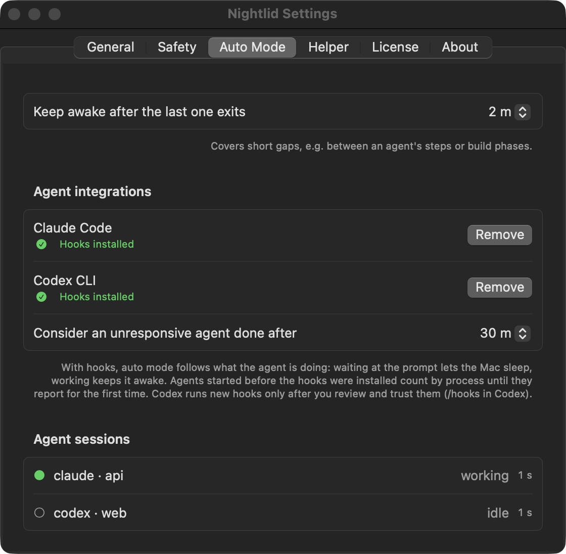 Nightlid Settings, Auto Mode tab: agent integrations with hooks installed for Claude Code and Codex CLI, and the agent sessions list — claude in api working, codex in web idle.